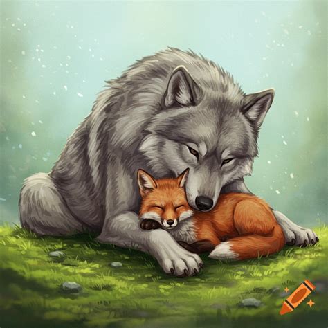 Wolf cuddling a small fox on Craiyon