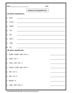 Math Worksheet - Standard and Expanded Form - Blank Fillable Template ...