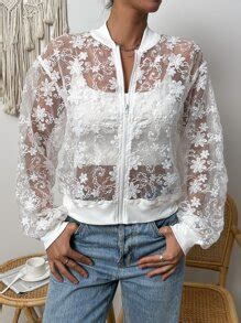 SHEIN Essnce Floral Pattern Drop Shoulder Zip Up Lace Bomber Jacket ...