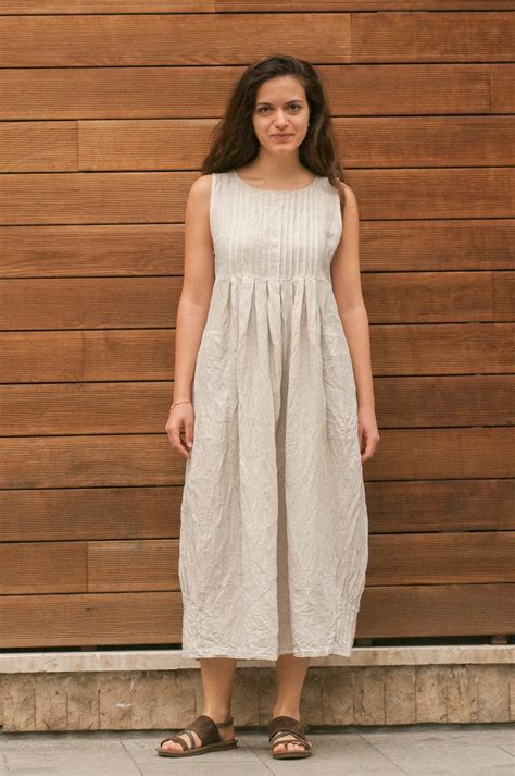 Long Linen Dress, Natural Linen Color, Two Big Pockets, Sleeveless ...