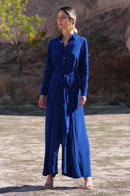 Buy Blue Crepe Spread Collar Kim Overlap Jumpsuit For Women by TWINKLE ...