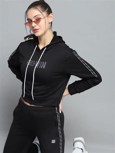 Buy Women Black Printed Hooded Full Sleeve Tracksuit Online in India ...