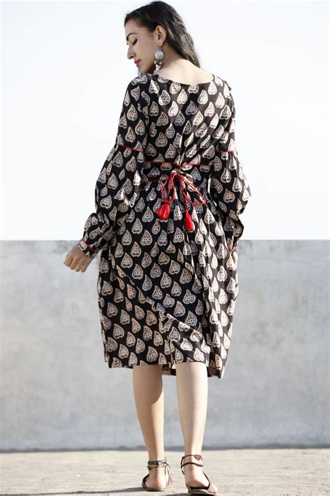 Black White Blue Hand Block Printed Cotton Midi Dress With Peasant Sle ...