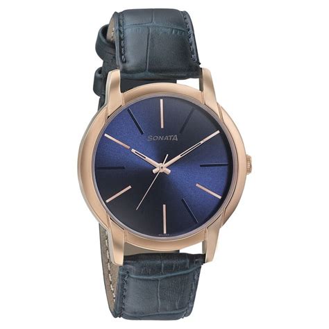Buy Online Sonata Beyond Gold Quartz Analog Blue Dial Leather Strap ...