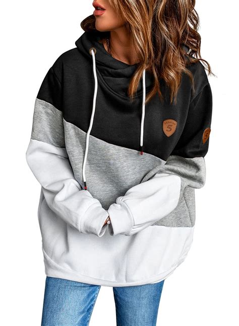 Happy Sailed Womens Cowl Neck Pullover Hoodie Casual Color Block Long ...