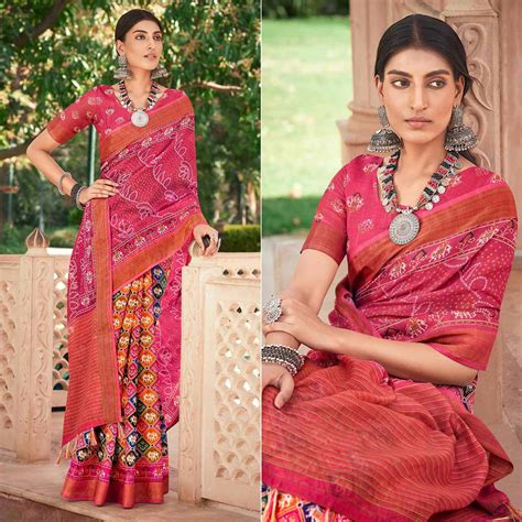 Pink Patola Printed Cotton Silk Half and Half Saree With Tassels