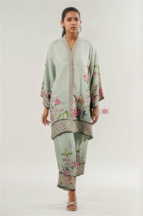 Elegant Pastel Green Floral Coord Set – Navvi.in