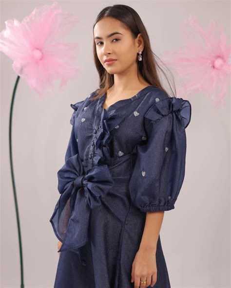 The Navy Blue Heart Knot Flared Midi Dress – Beyond Stitches