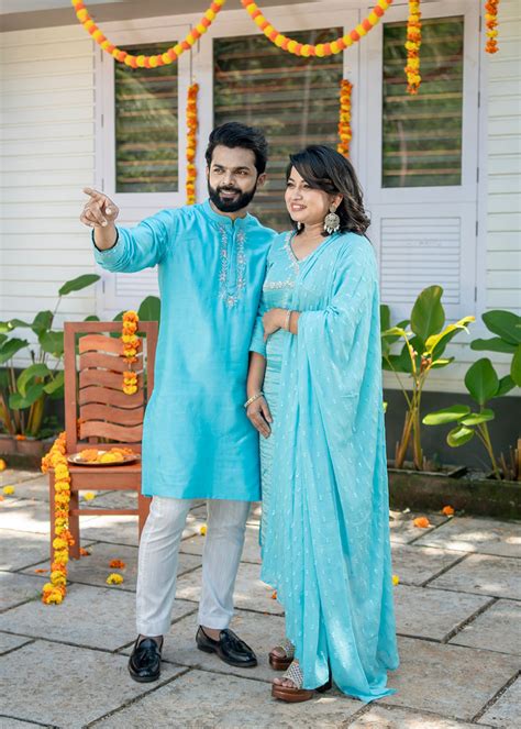 COUPLE'S FESTIVE SKY BLUE MATCHING OUTFITS | REYANSH & KAVYA ...
