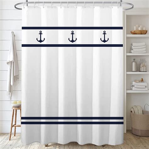 Navy Anchor Shower Curtain Sets for Bathroom, Blue White Striped Shower ...