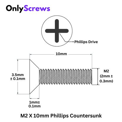 M2 X 10mm Phillips CSK SS 304 Screw (Dia. 2mm, Length 10mm) – OnlyScrews