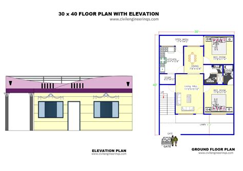 30 x 40 AutoCAD Floor Plan with Elevation - 1 - Civil Engineering QS