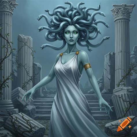 A full-body digital painting of Medusa in a green dress with snakes for ...