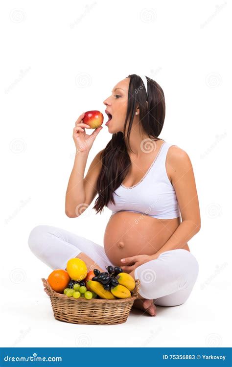 Proper Nutrition during Pregnancy. Vitamins and Fruit. Pregnant Women Eating Apple Stock Image ...