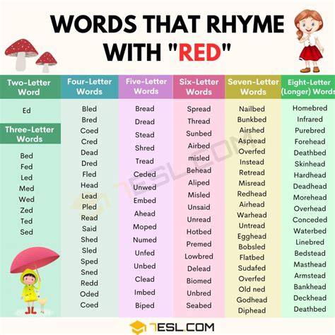 399 Words that Rhyme with Red in English • 7ESL