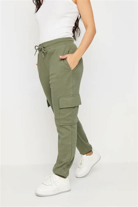 PixieGirl Petite Women's Khaki Green Ribbed Cargo Joggers | PixieGirl