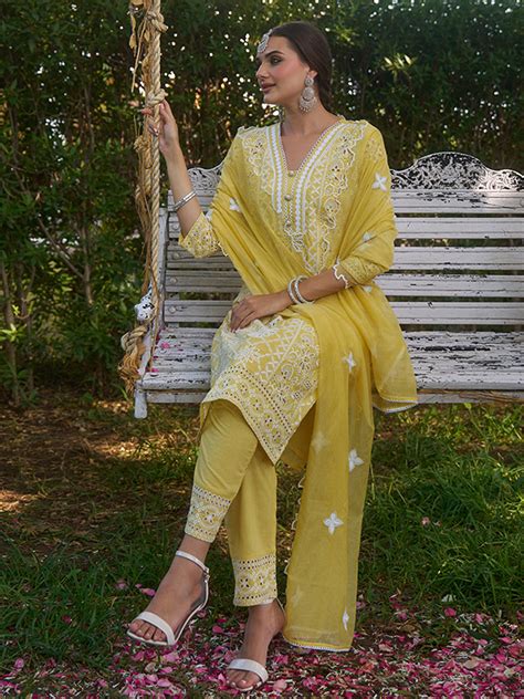 Yellow Cotton Schiffli Embroidered Kurta Set with Organza Dupatta – Heeposh