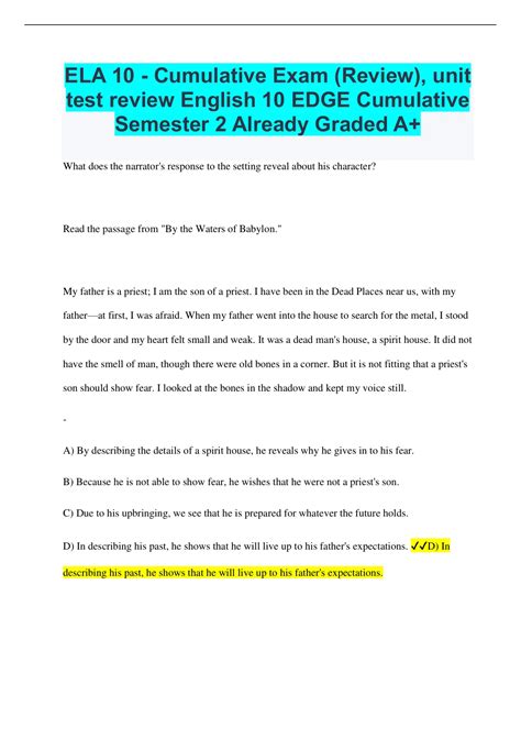 ELA 10 - Cumulative Exam (Review), unit test review English 10 EDGE ...
