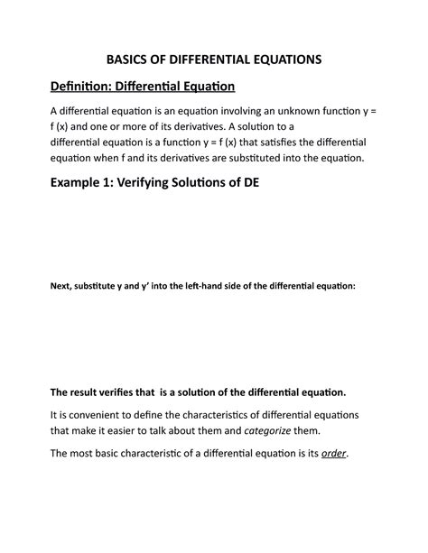 Basic Calculus BSCE2-1 - BASICS OF DIFFERENTIAL EQUATIONS Definition: Differential Equation A ...