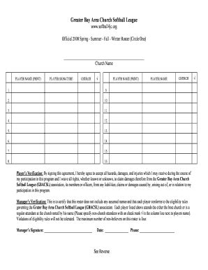 Fillable Online softball4jc 2008 Softball Roster - Greater Bay Area ...