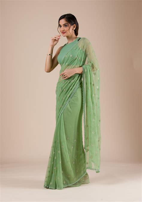 Buy Pista Green Threadwork Chiffon Saree - Koskii