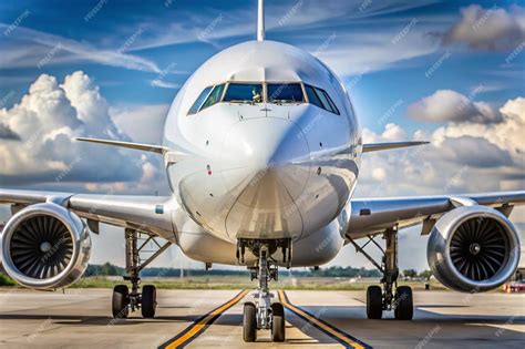 Closeup of the front of the white wide body passenger aircraft at the ...