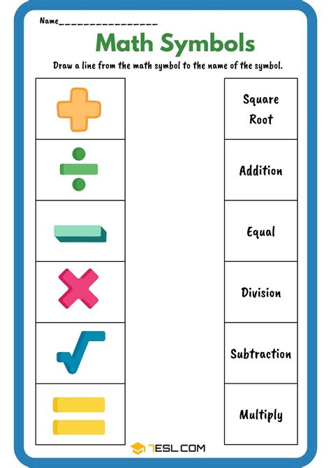 Math Symbols Worksheets for Kids • 7ESL