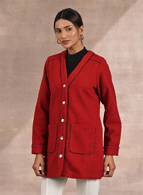Red Long Sleeve Textured Jacket with Metallic Buttons-22WLFJ0413-1 ...