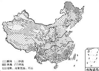 读下图——中国土地资源分布图，完成问题。我国林地主要分布在①东