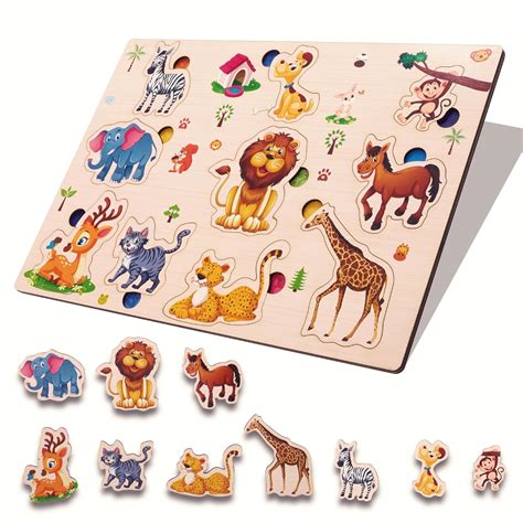 Wooden Animals Puzzle Preschool Educational Pegged Knob Puzzle Toy ...