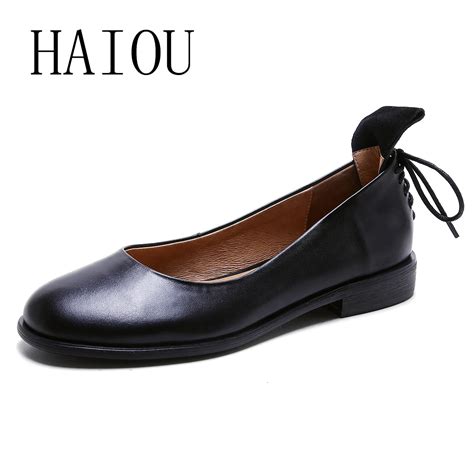 2017 Women Black Shoes Slip On Woman Genuine Leather Flat Shoes Fashion ...