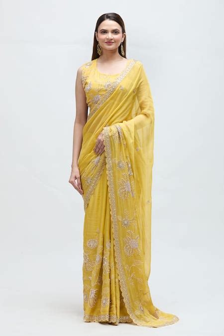 Buy Yellow Chanderi, Organza Mirrors, Sequins, Embroidery Sitara Saree ...
