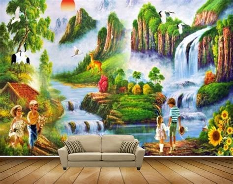 Avikalp MWZ2921 Sun Mountains Clouds Waterfalls Birds Deers Kids Trees ...