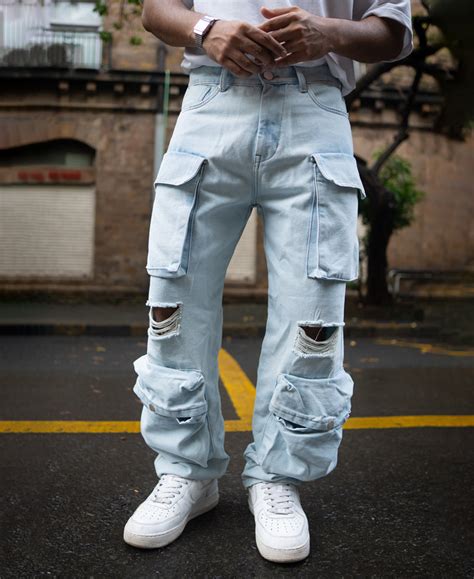 Ice Blue Torn Baggy Fit Cargo Denim Jeans – Powerlook