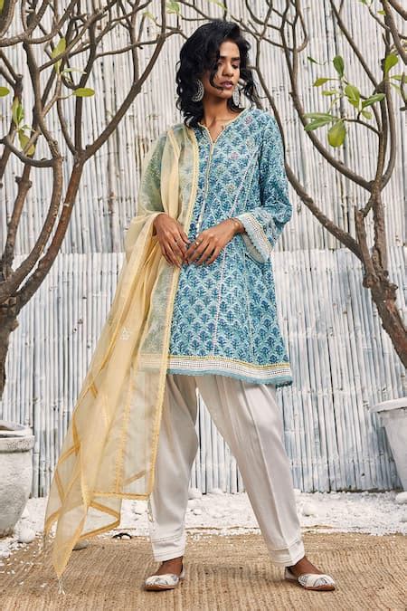 Buy Blue Kurta Cotton And Embroidery Hand Block Floral Flared Set For ...