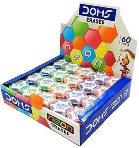DOMS Neon Hexagonal Eraser with Plastic Box {Pack of 01} 60 pcs Eraser ...