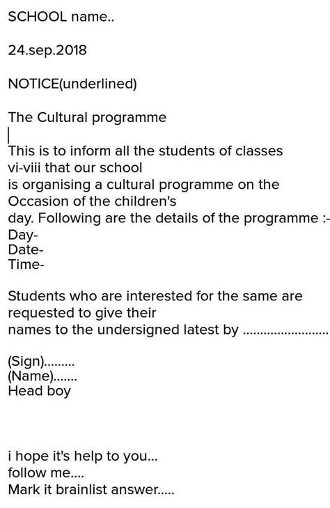 Write a notice about school to inform participating a cultural program ...