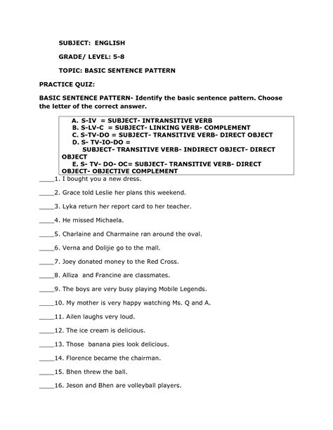 Image result for Basic Sentence Pattern Worksheet