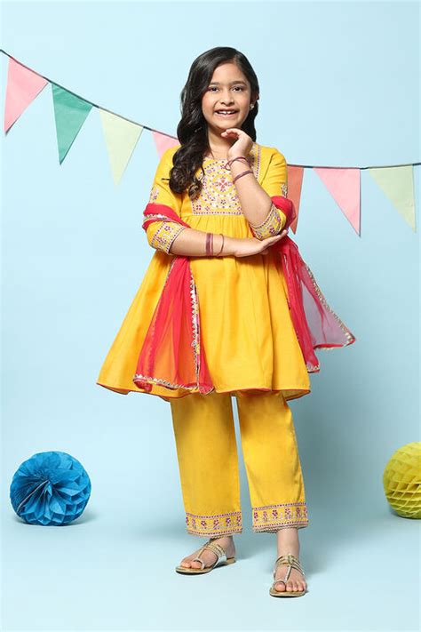 Yellow Polyester Gathered Solid Suit Set