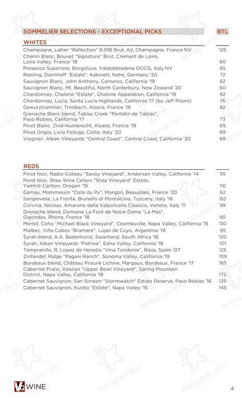 Menu at Vintner Grill pub & bar, Las Vegas