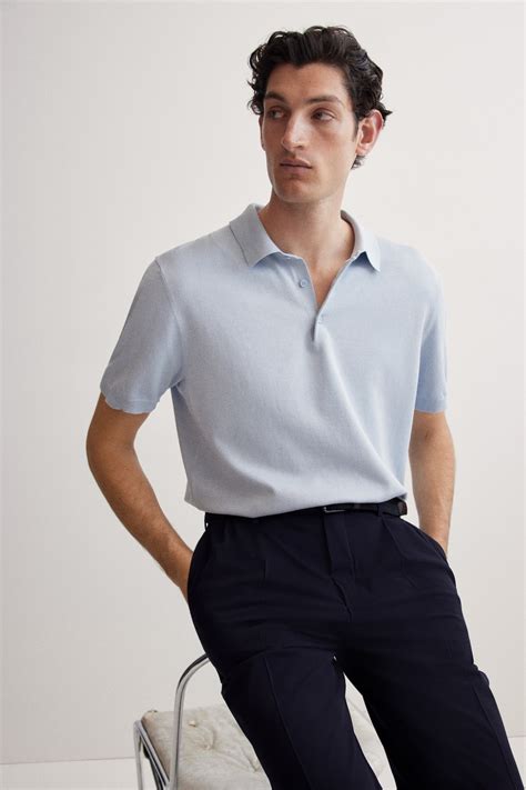 Men’s Light blue Regular Fit Fine-knit polo shirt | H&M IN