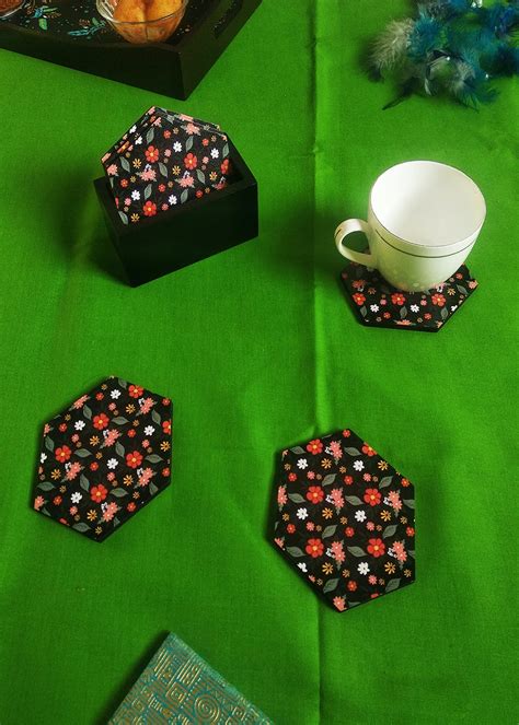 Get Hexagon Black Floral MDF Coaster With Holder - Set of 6 at ₹ 539 ...
