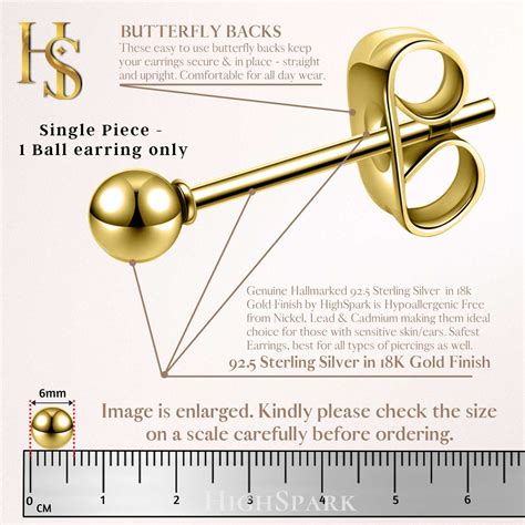 Mens Gold Ball Earring in Pure 92.5 Sterling Silver in 18K Gold Finish ...