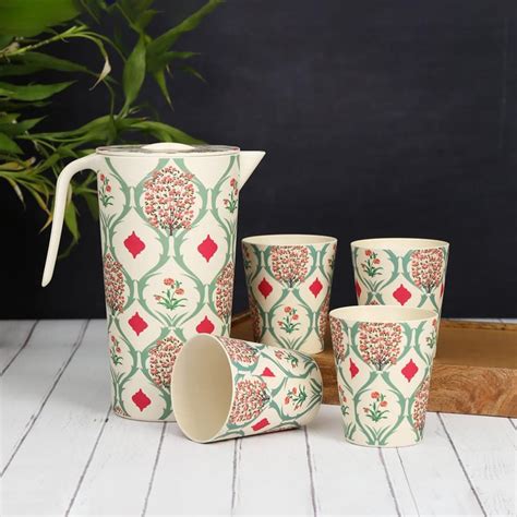 Buy INDIA CIRCUS Lattice Blooms 5Pcs Bamboo Fiber Printed Jug and ...