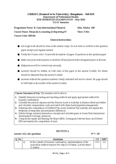 FAR question paper - CHRIST (Deemed to be University), Bengaluru – 560 ...