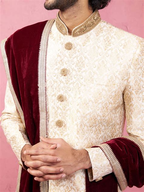 Men's Beige Silk Sherwani with Velvet Dupatta | VASTRAMAY – vastramay