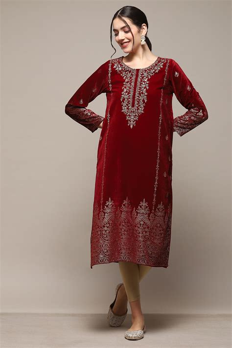 Buy Maroon Poly Velvet Printed Straight Kurta Online at Biba India