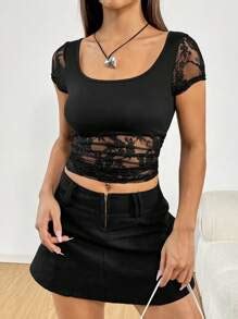 SHEIN EZwear Women Solid Color Lace Patchwork Slim Fit Cropped T-Shirt ...