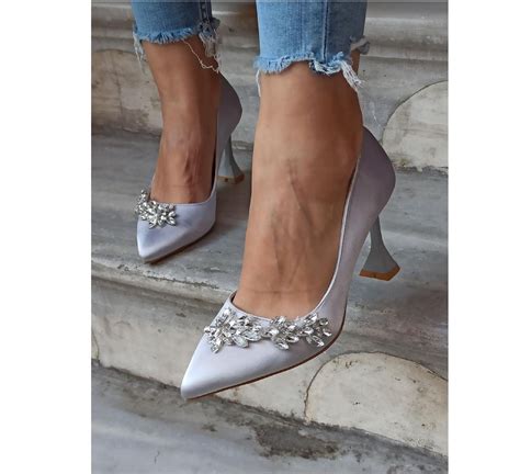 Silver Shoe,gray Shoe,silver Women Stiletto,satin Silver Heel,wedding ...