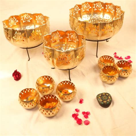 Buy Zeby Crafts Iron Lotus Kamal Diya Urli Bowls with Stand Pot for ...